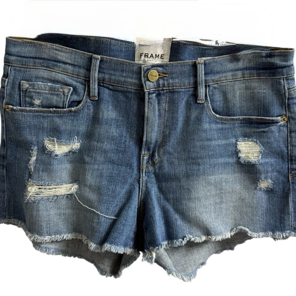 FRAME LE CUT OFF DENIM SHORTS SIZE 28 BLUE MID RISE DISTRESSED RAW HEM - Picture 3 of 12